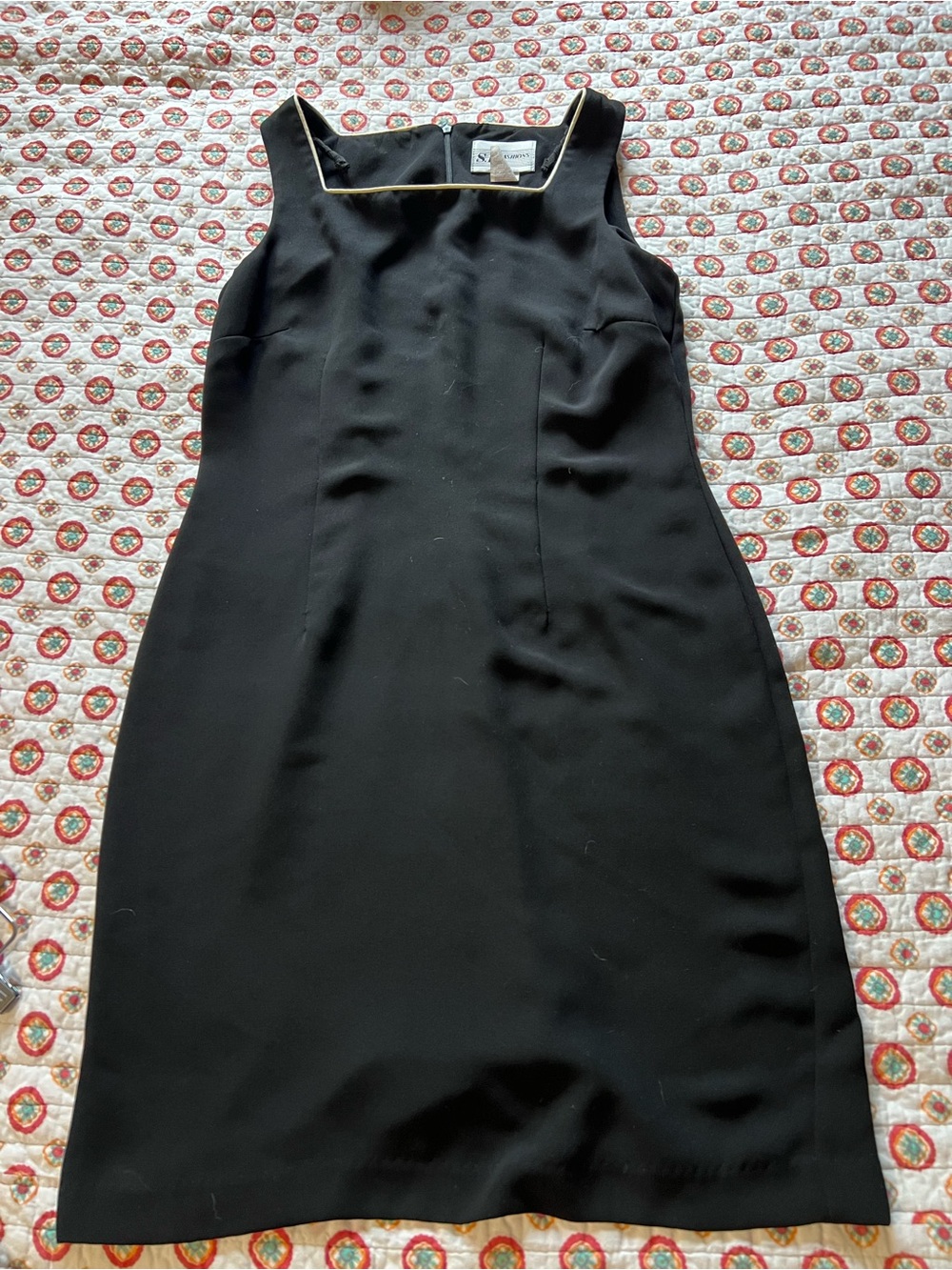 Chic 90s Black Midi Dress White Trim Square Neckline size 6